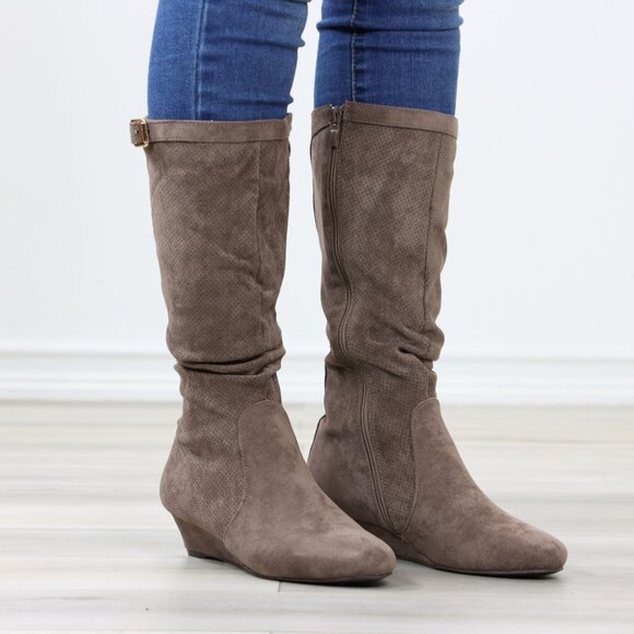 Taupe Faux Suede Round Toe Low Kitten Wedge Heel Mid Calf Boots - Picture 2 of 13